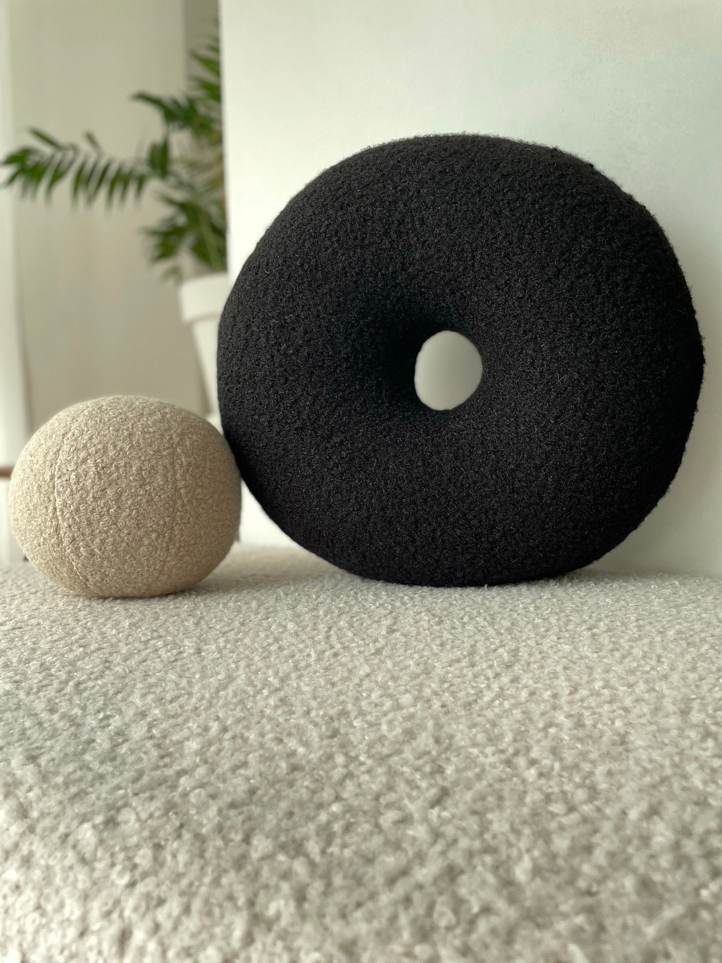 Black Boucle Donut Pillow: Modern Minimalist Home Decor