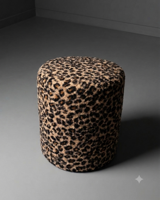 Leopard Bouclé Cylinder Pouf Ottoman