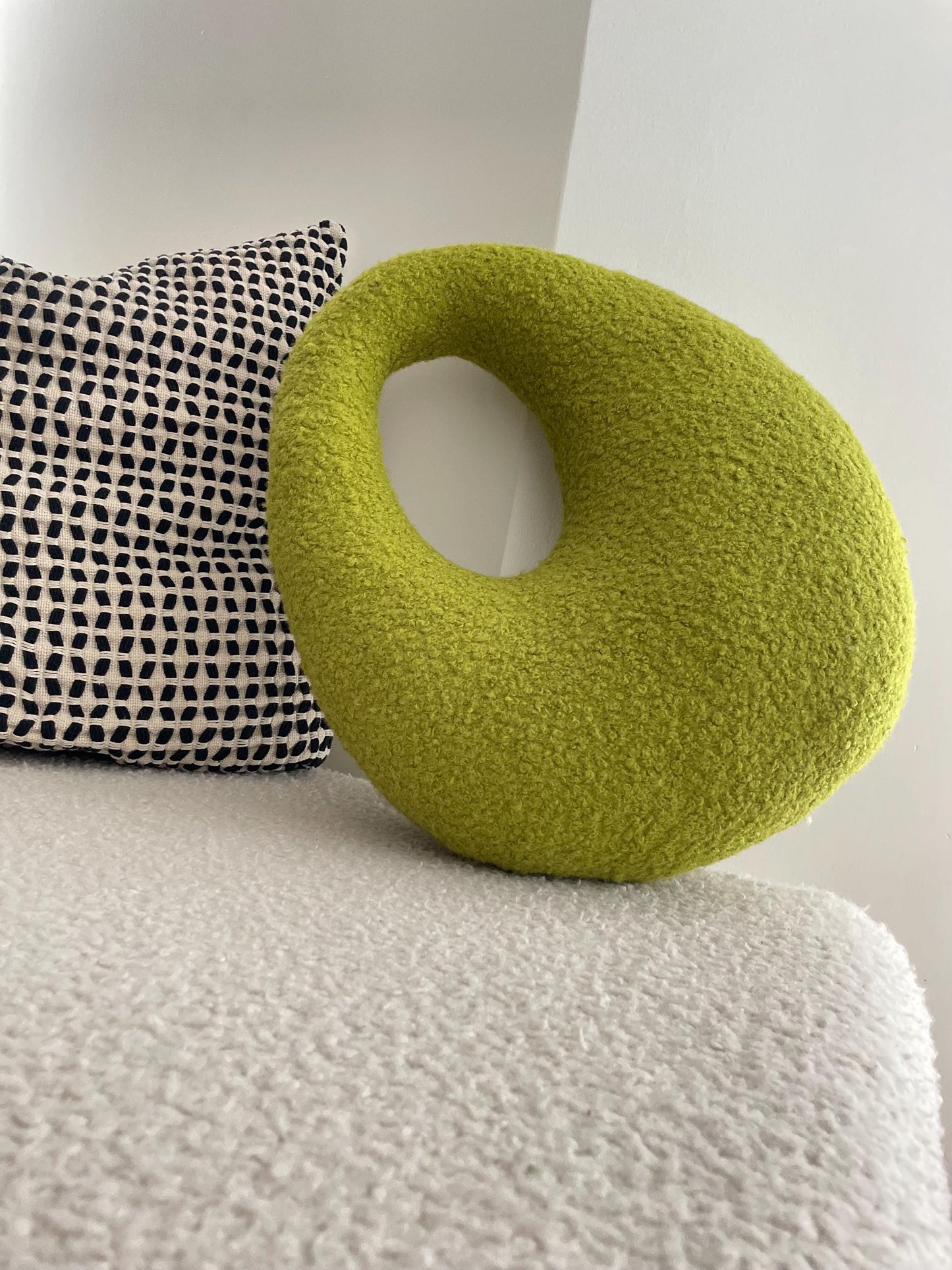 Amorphous Yellowish Green Boucle Cushion | Asymmetrical Design | Neutral Earthy Tones