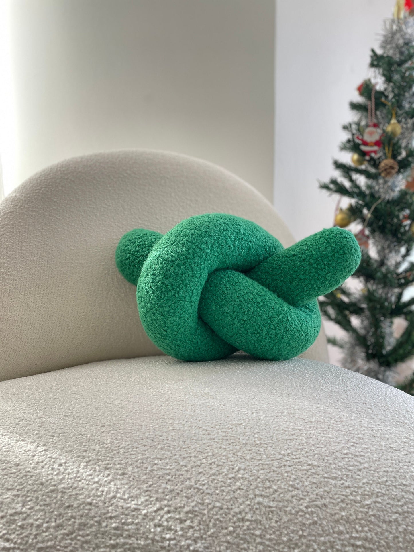 Green Boucle Knot Pillow: Handmade Decorative Ornament