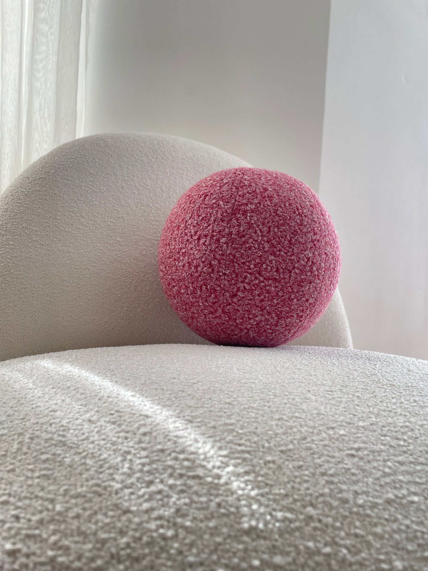 Burgundy-White Melange, Boucle Ball Decorative Pillow, Teddy Ball Cushion,