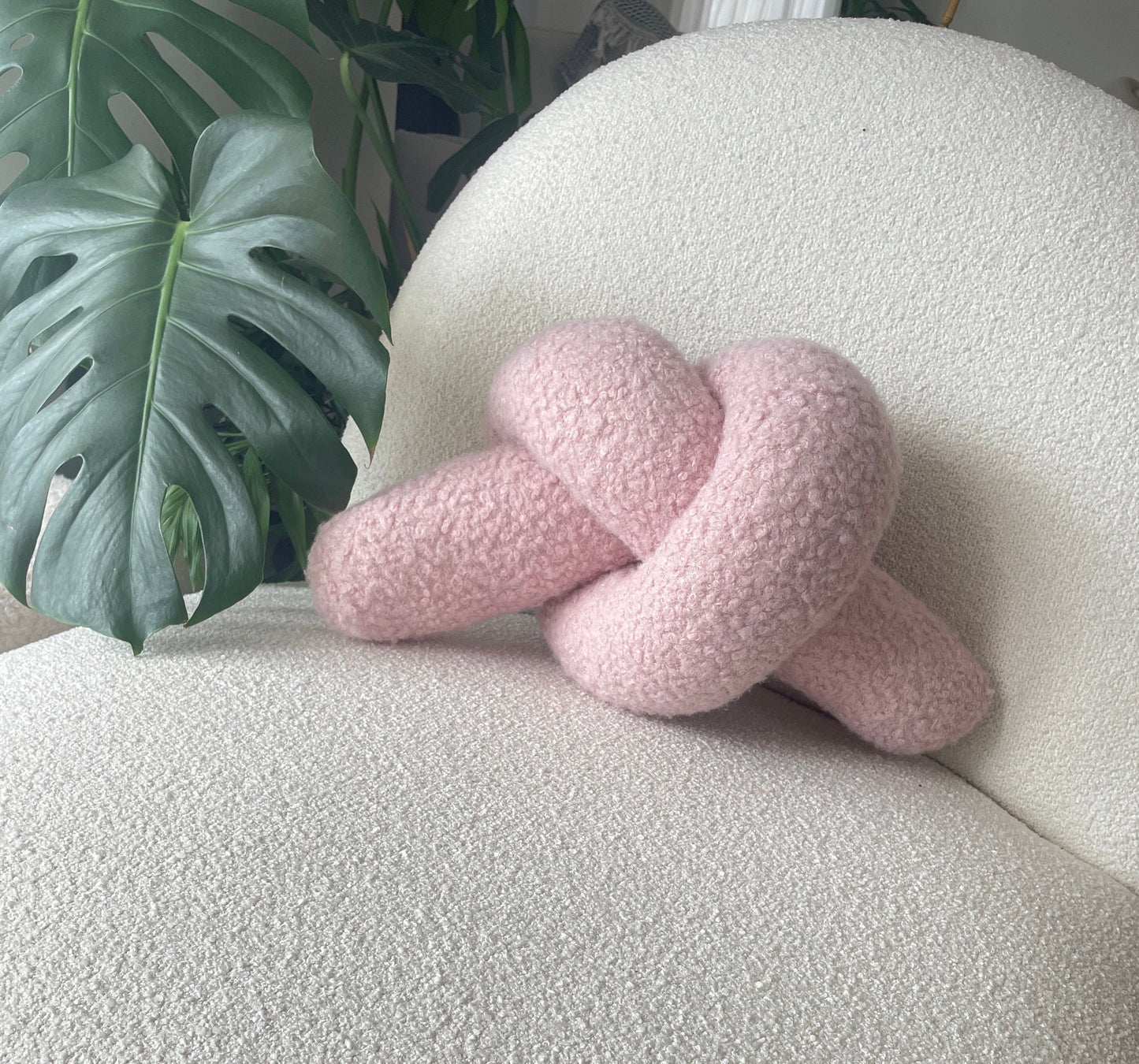 Powder Pink Boucle Knot Pillow: Handmade Decorative Cushion