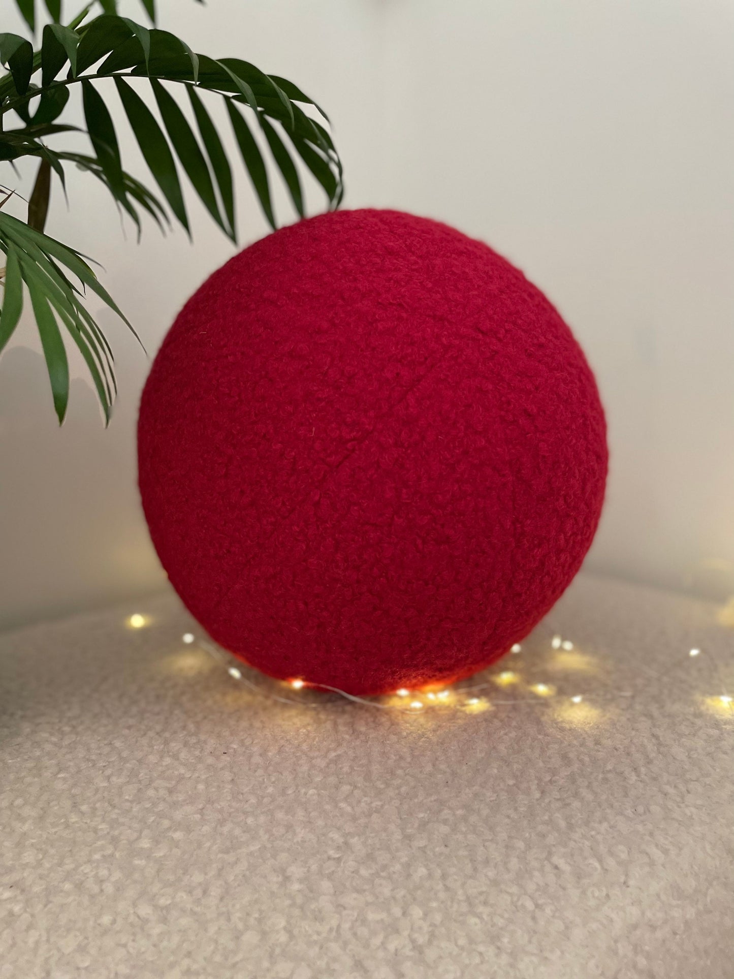 Handmade Boucle Ball Pillow: Ruby Red Teddy Cushion