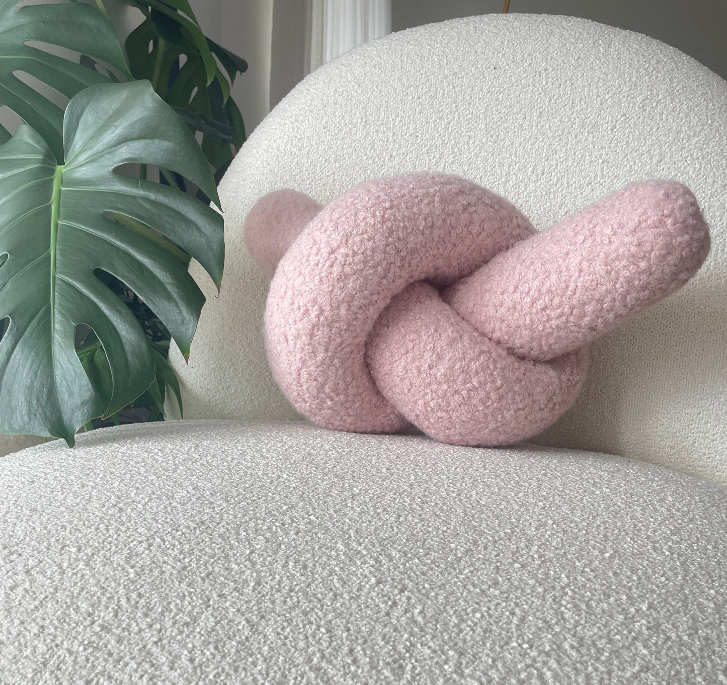 Powder Pink Boucle Knot Pillow: Handmade Decorative Cushion
