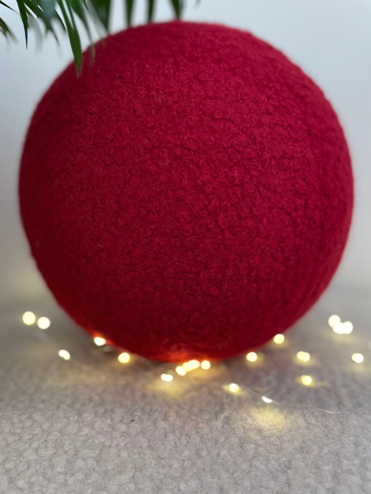 Handmade Boucle Ball Pillow: Ruby Red Teddy Cushion