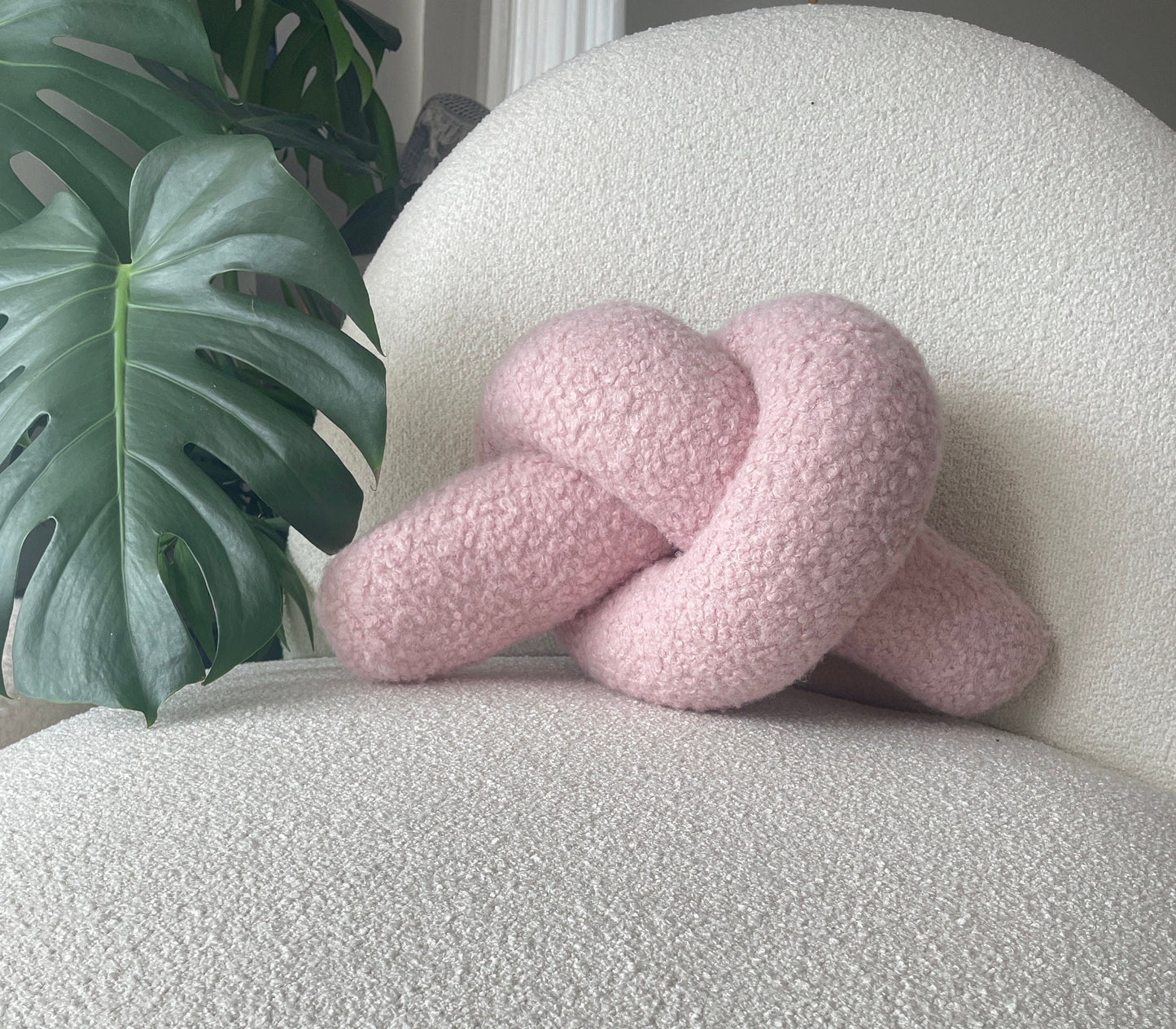 Powder Pink Boucle Knot Pillow: Handmade Decorative Cushion