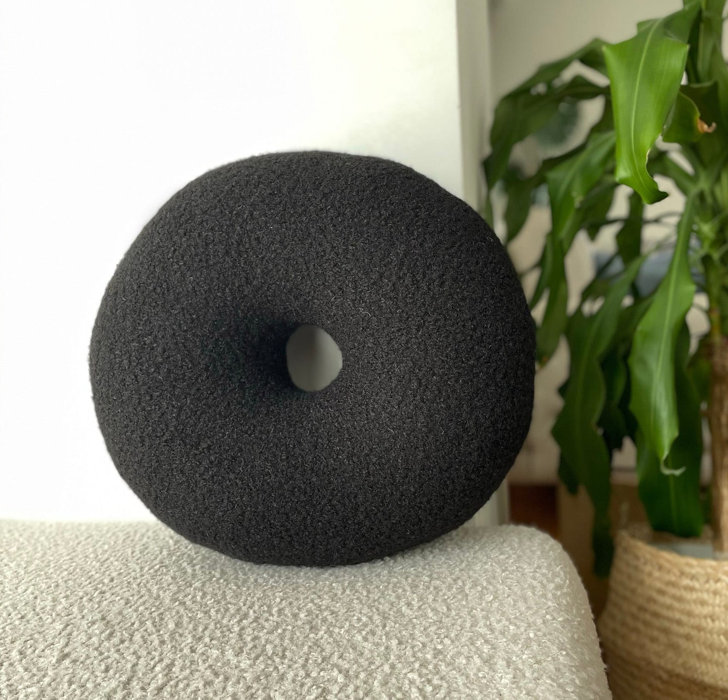 Black Boucle Donut Pillow: Modern Minimalist Home Decor