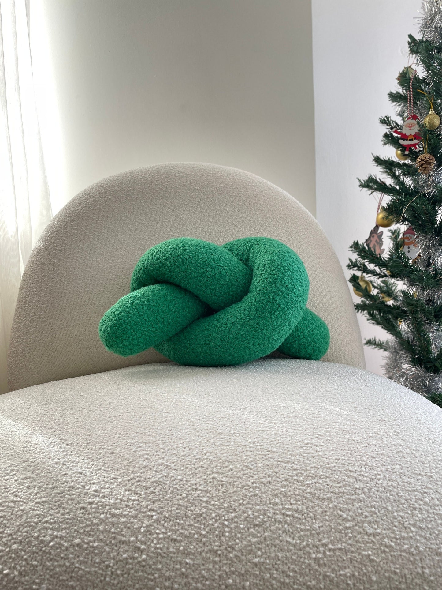 Green Boucle Knot Pillow: Handmade Decorative Ornament