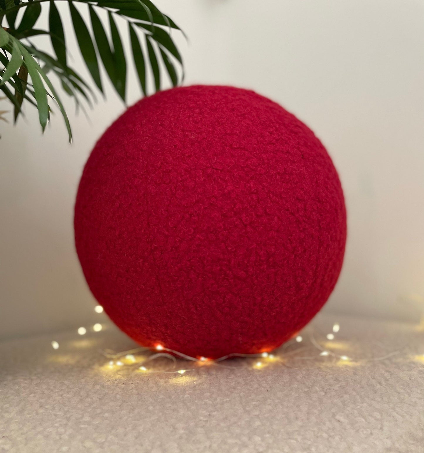 Handmade Boucle Ball Pillow: Ruby Red Teddy Cushion