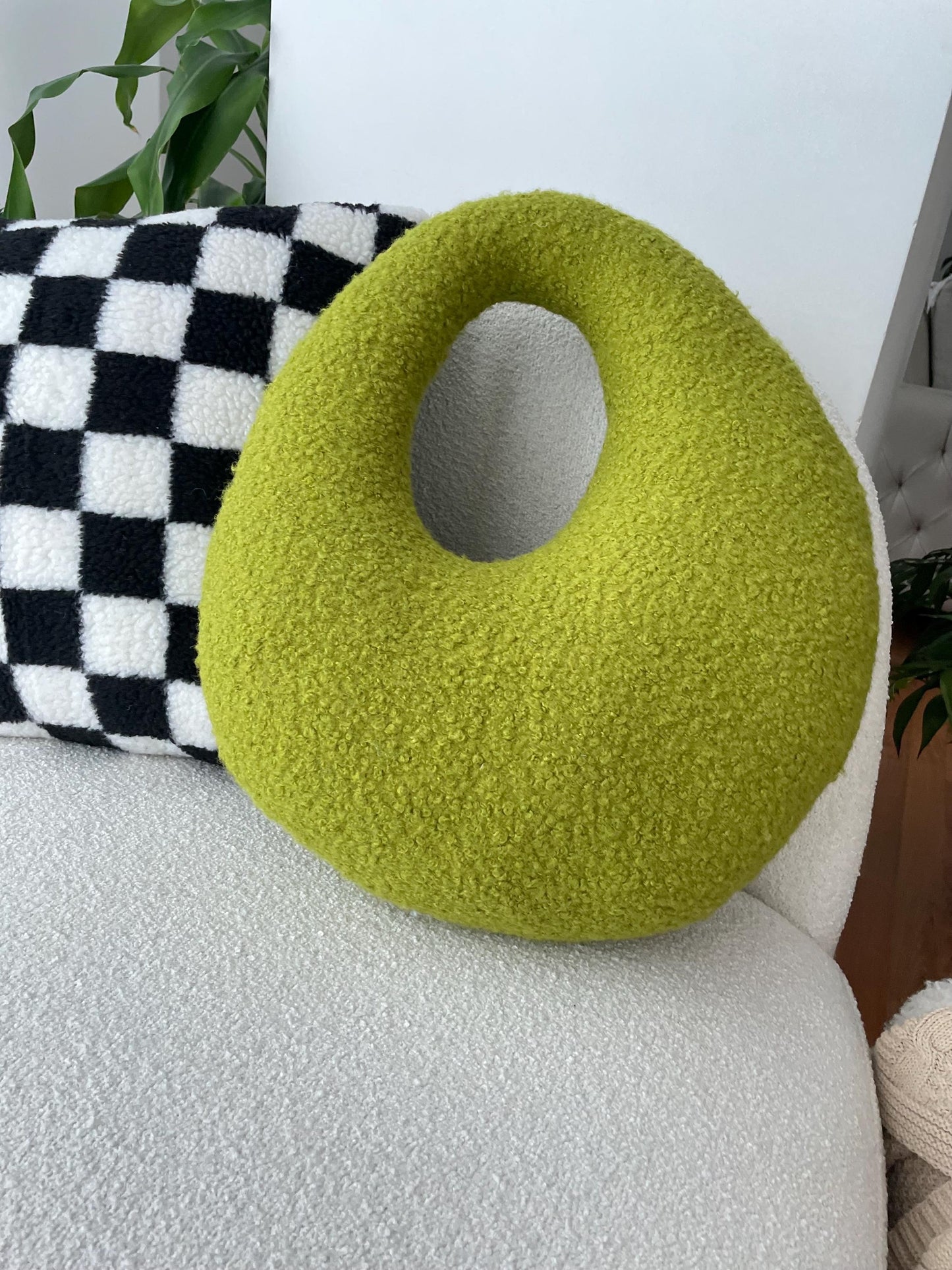 Amorphous Yellowish Green Boucle Cushion | Asymmetrical Design | Neutral Earthy Tones
