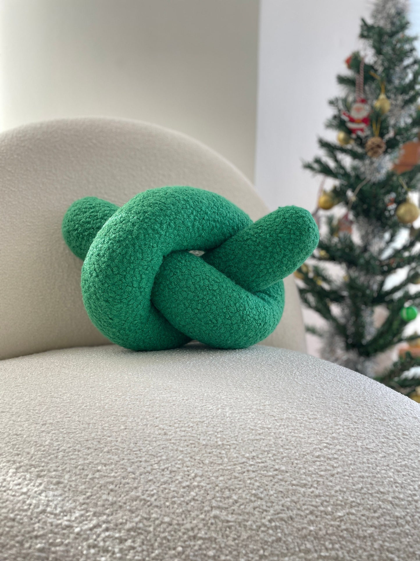 Green Boucle Knot Pillow: Handmade Decorative Ornament