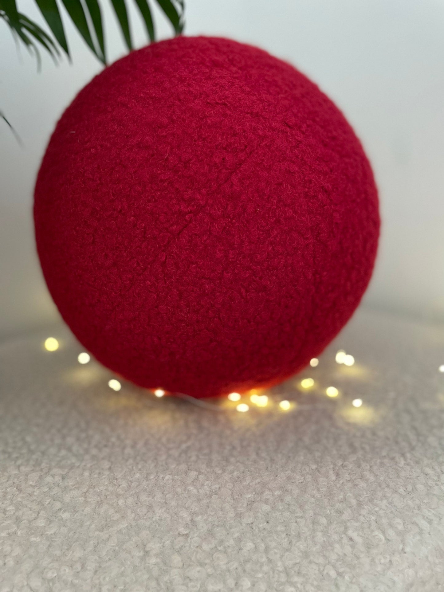 Handmade Boucle Ball Pillow: Ruby Red Teddy Cushion
