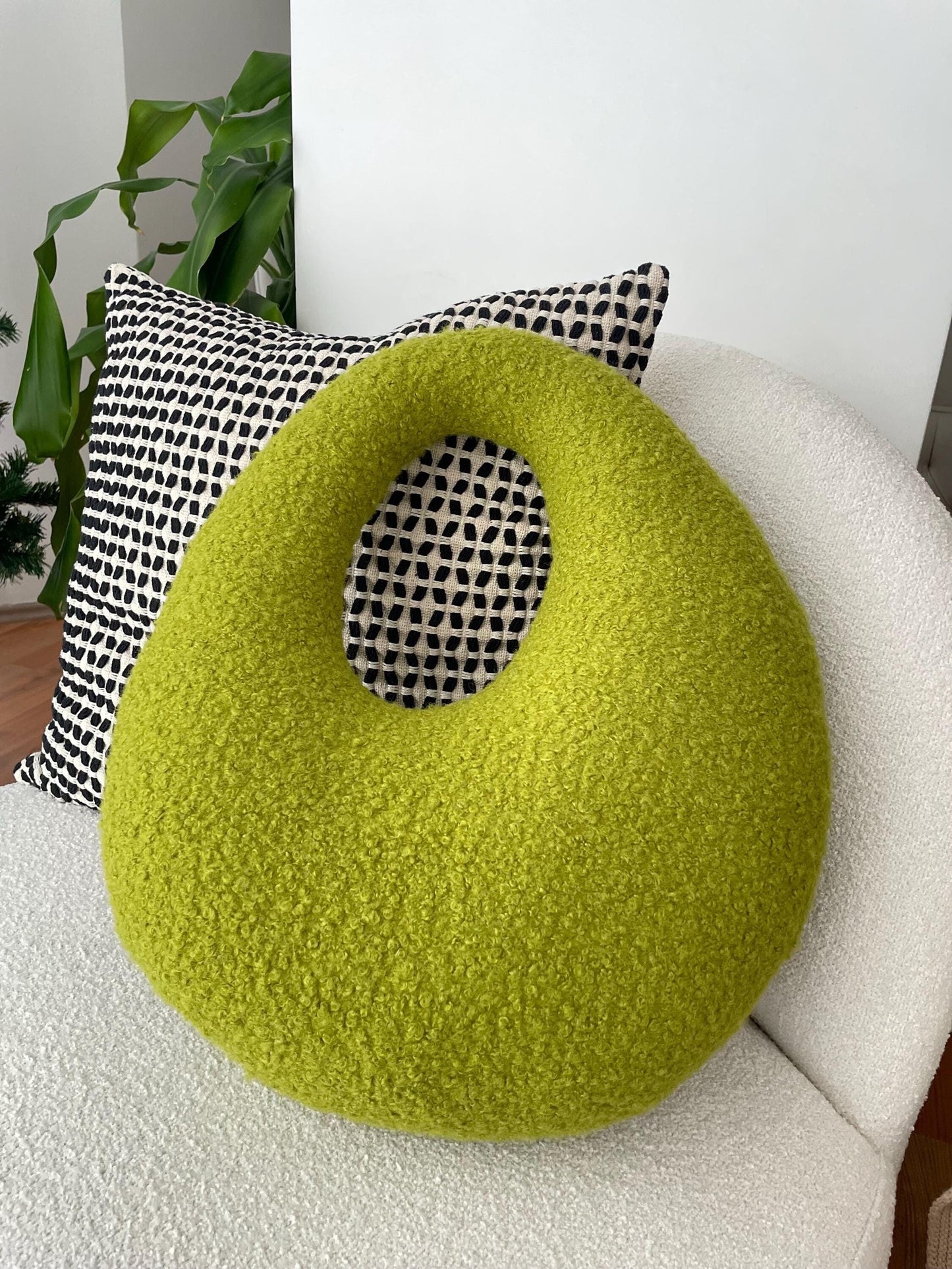 Amorphous Yellowish Green Boucle Cushion | Asymmetrical Design | Neutral Earthy Tones