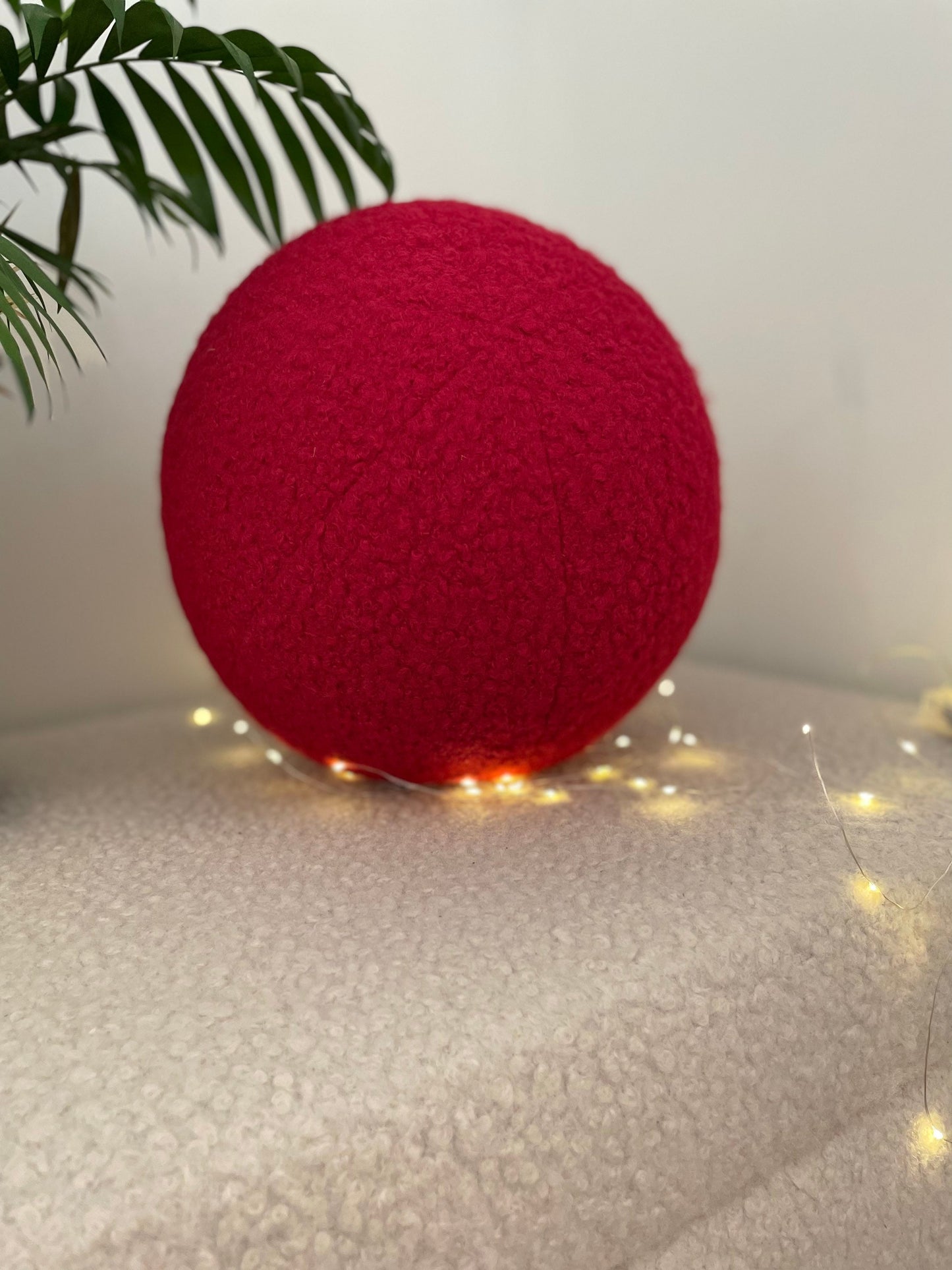 Handmade Boucle Ball Pillow: Ruby Red Teddy Cushion
