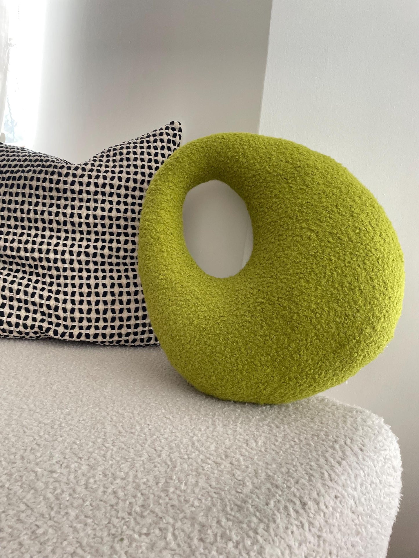 Amorphous Yellowish Green Boucle Cushion | Asymmetrical Design | Neutral Earthy Tones