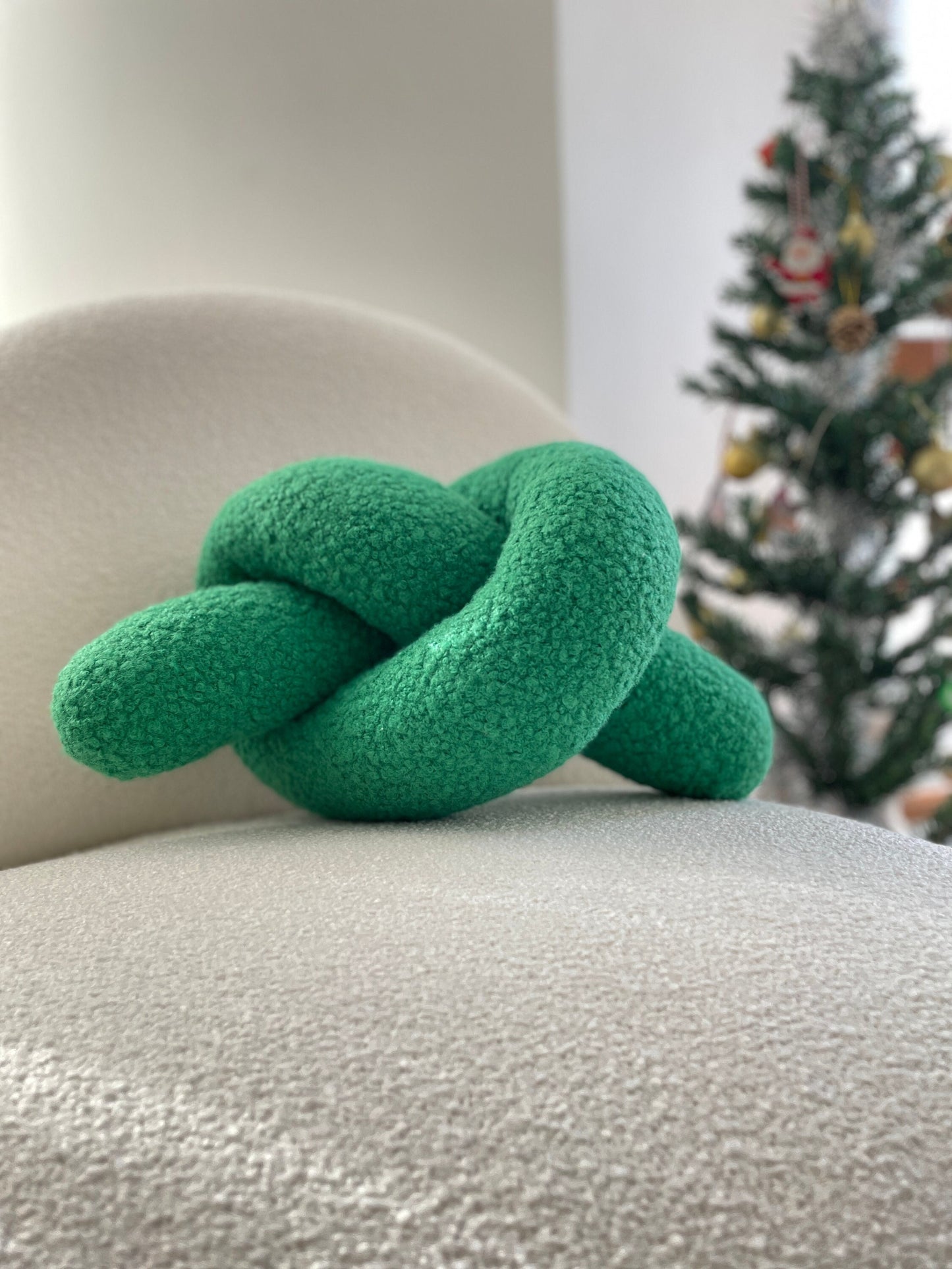 Green Boucle Knot Pillow: Handmade Decorative Ornament