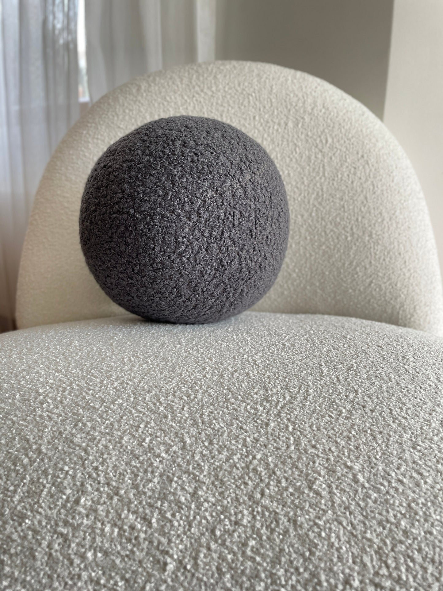 Handmade Boucle Ball Pillow: Dark Gray Teddy Cushion