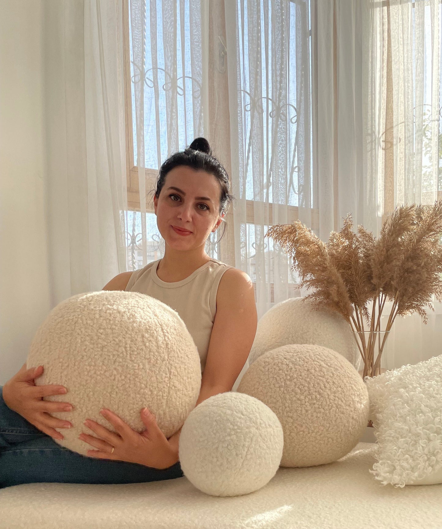 Boucle Ball Pillow: Light Beige Teddy Round Throw Cushion
