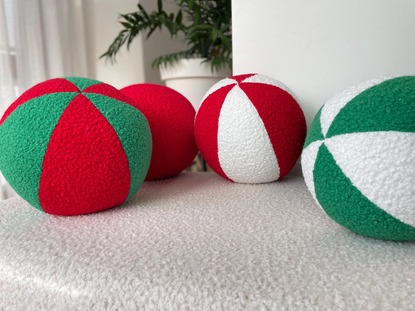 Xmas Red and White Ball-Shaped Pillow – Festive Holiday Decor, Cozy Wabi-Sabi Style Cushion