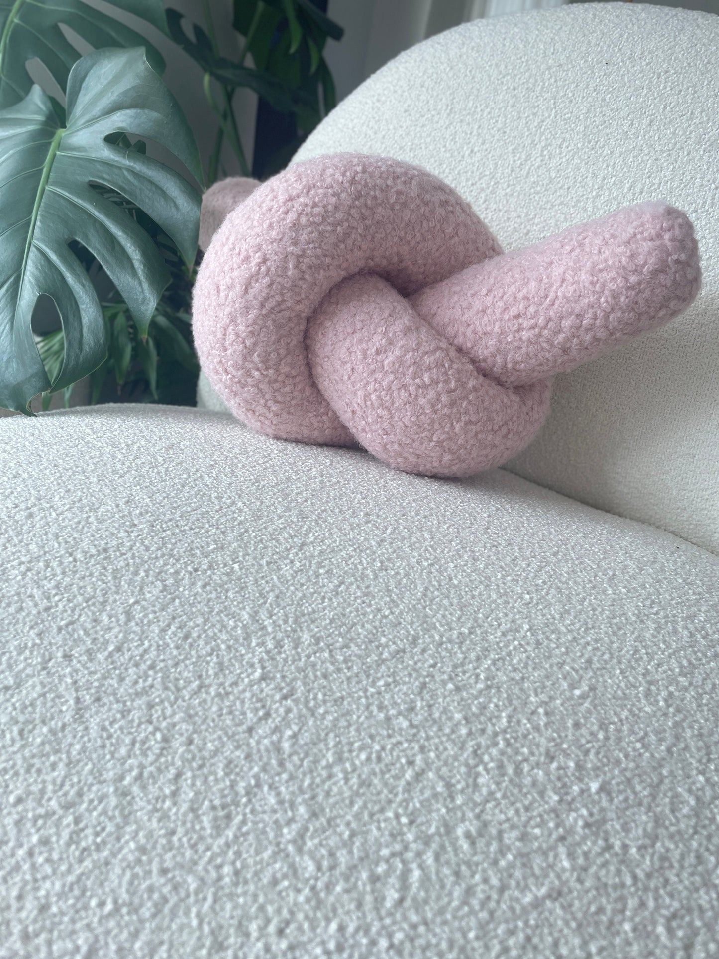 Powder Pink Boucle Knot Pillow: Handmade Decorative Cushion