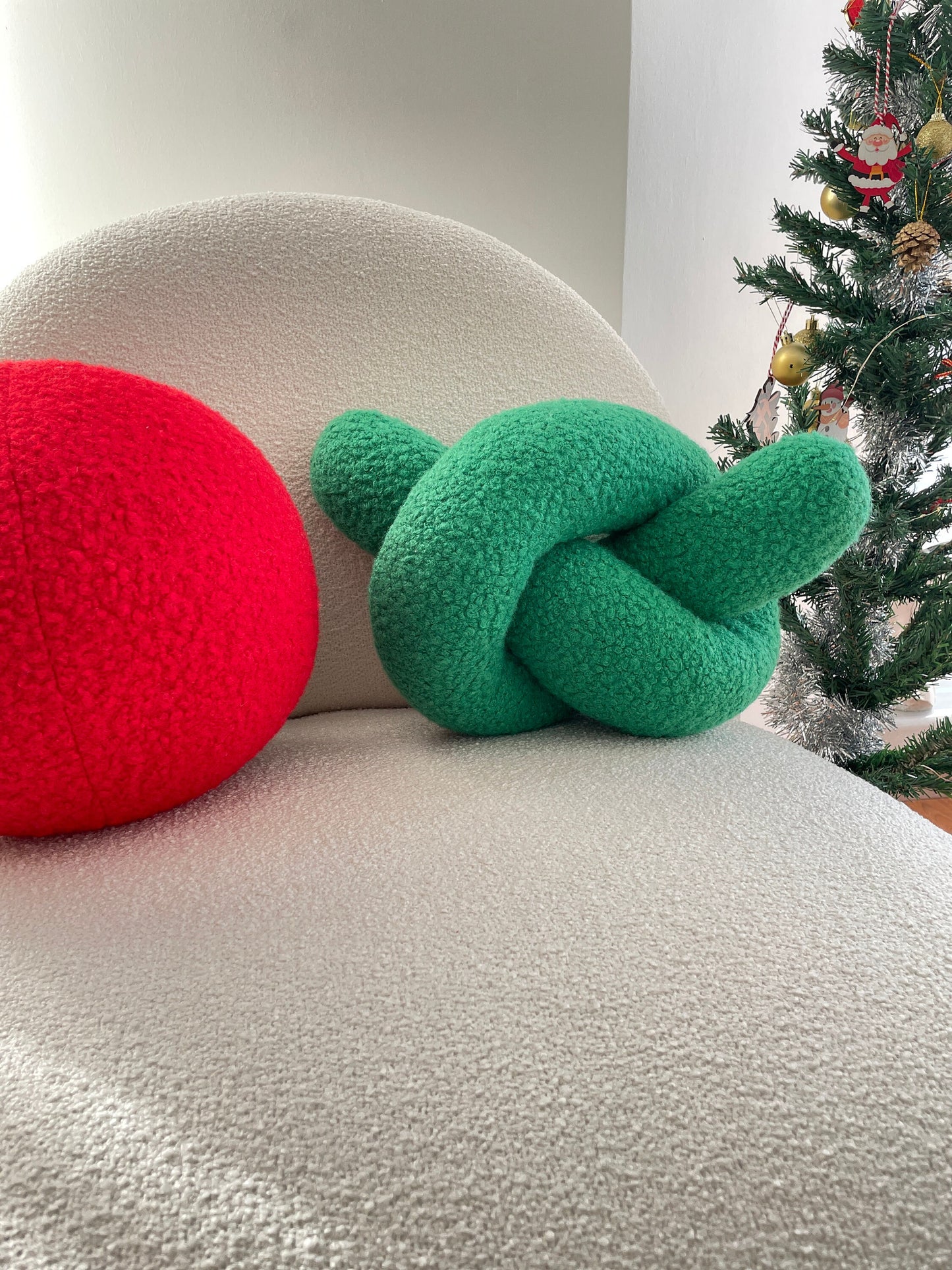Green Boucle Knot Pillow: Handmade Decorative Ornament