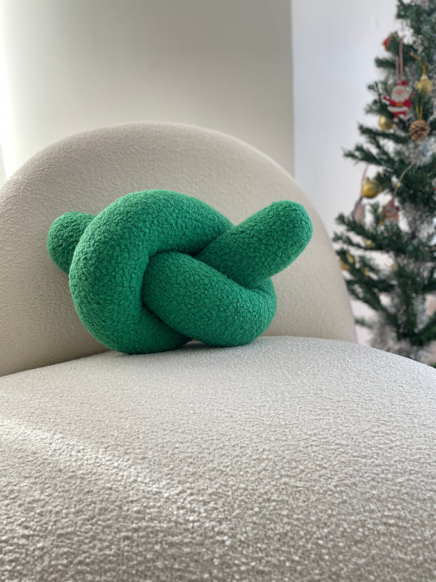 Green Boucle Knot Pillow: Handmade Decorative Ornament