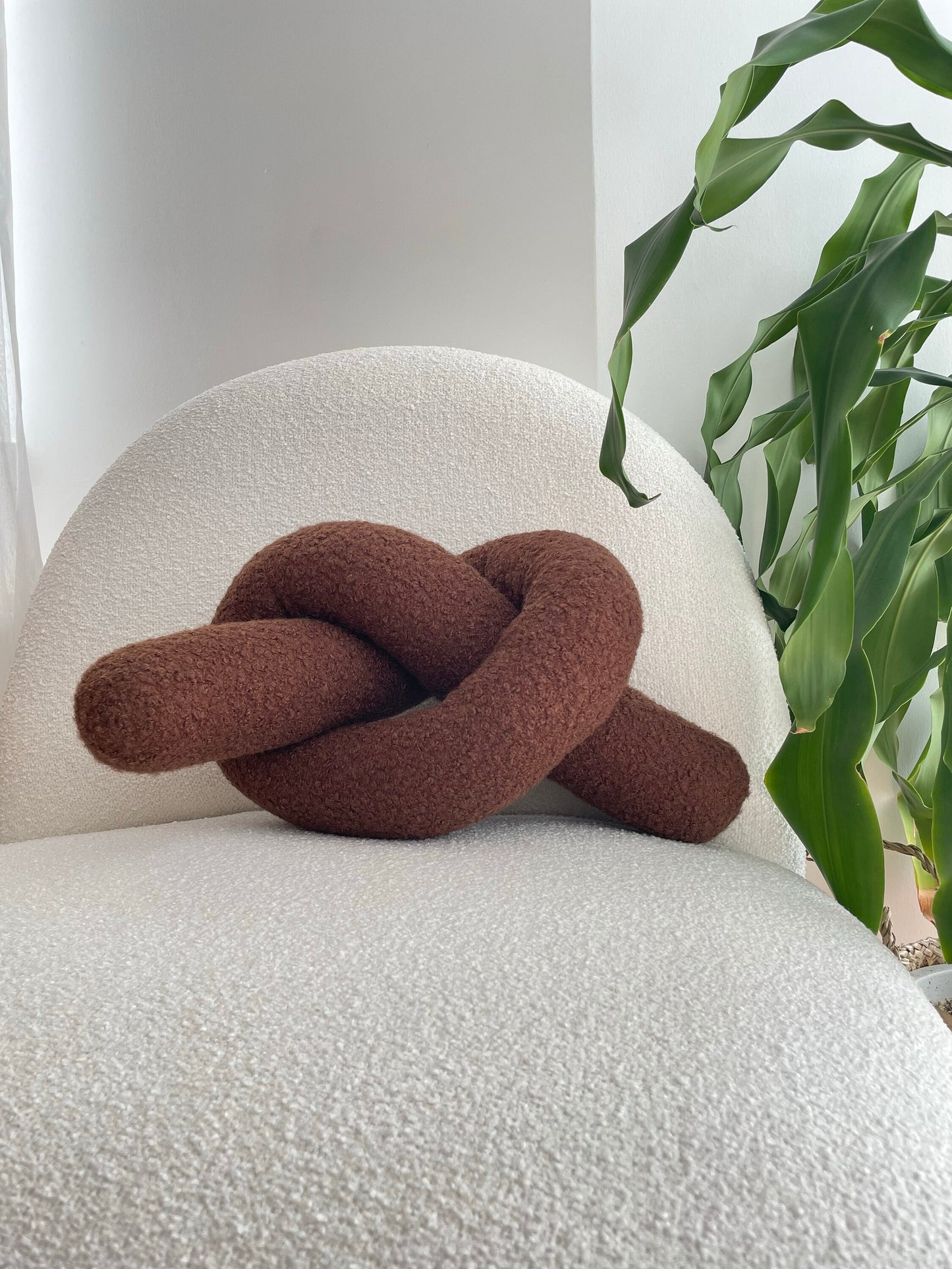 Chocolate Brown Boucle Knot Pillow: Chunky Cozy Cushion