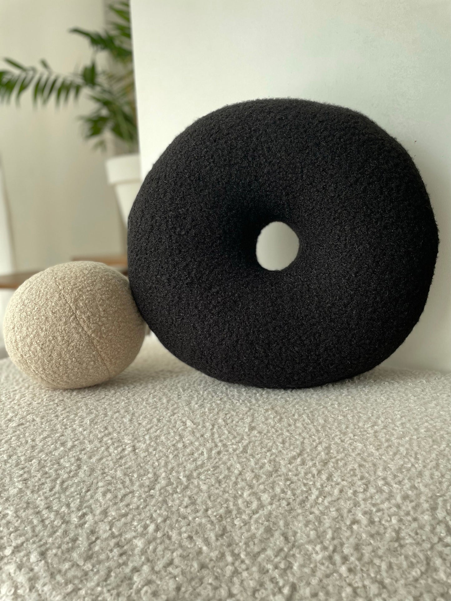 Black Boucle Donut Pillow: Modern Minimalist Home Decor