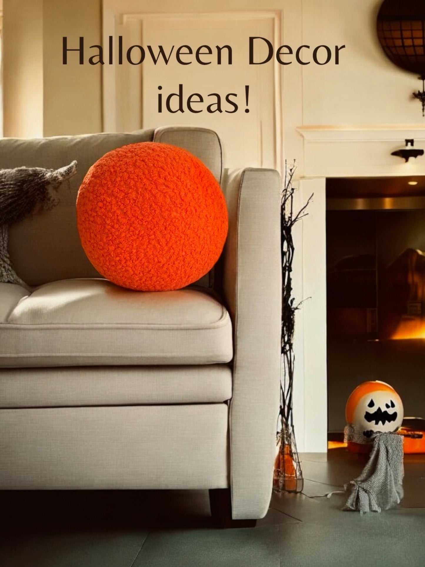 Orange Boucle Ball Pillow, Halloween Decor