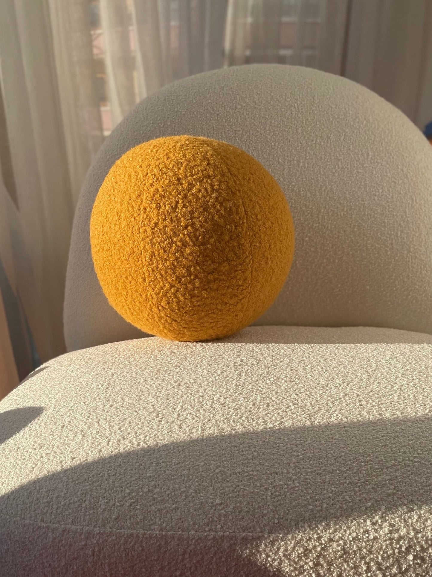 Handmade Boucle Ball Pillow: Mustard Teddy Round Cushion