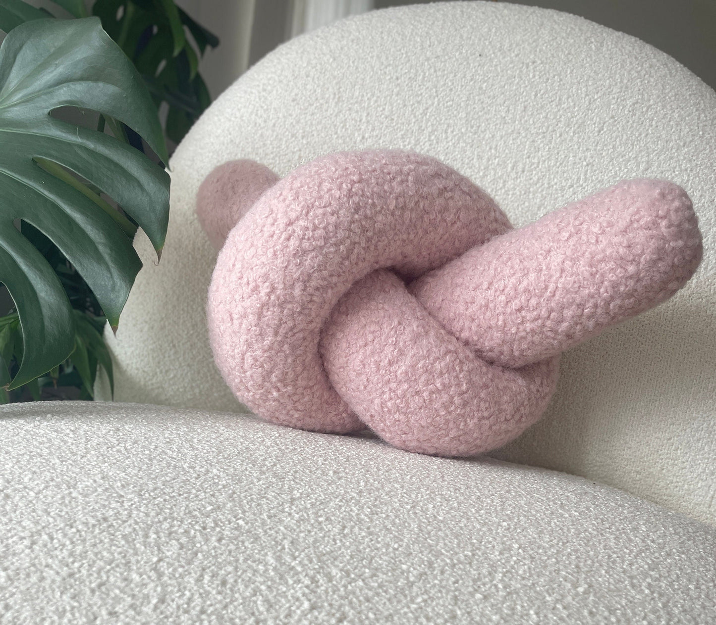 Powder Pink Boucle Knot Pillow: Handmade Decorative Cushion