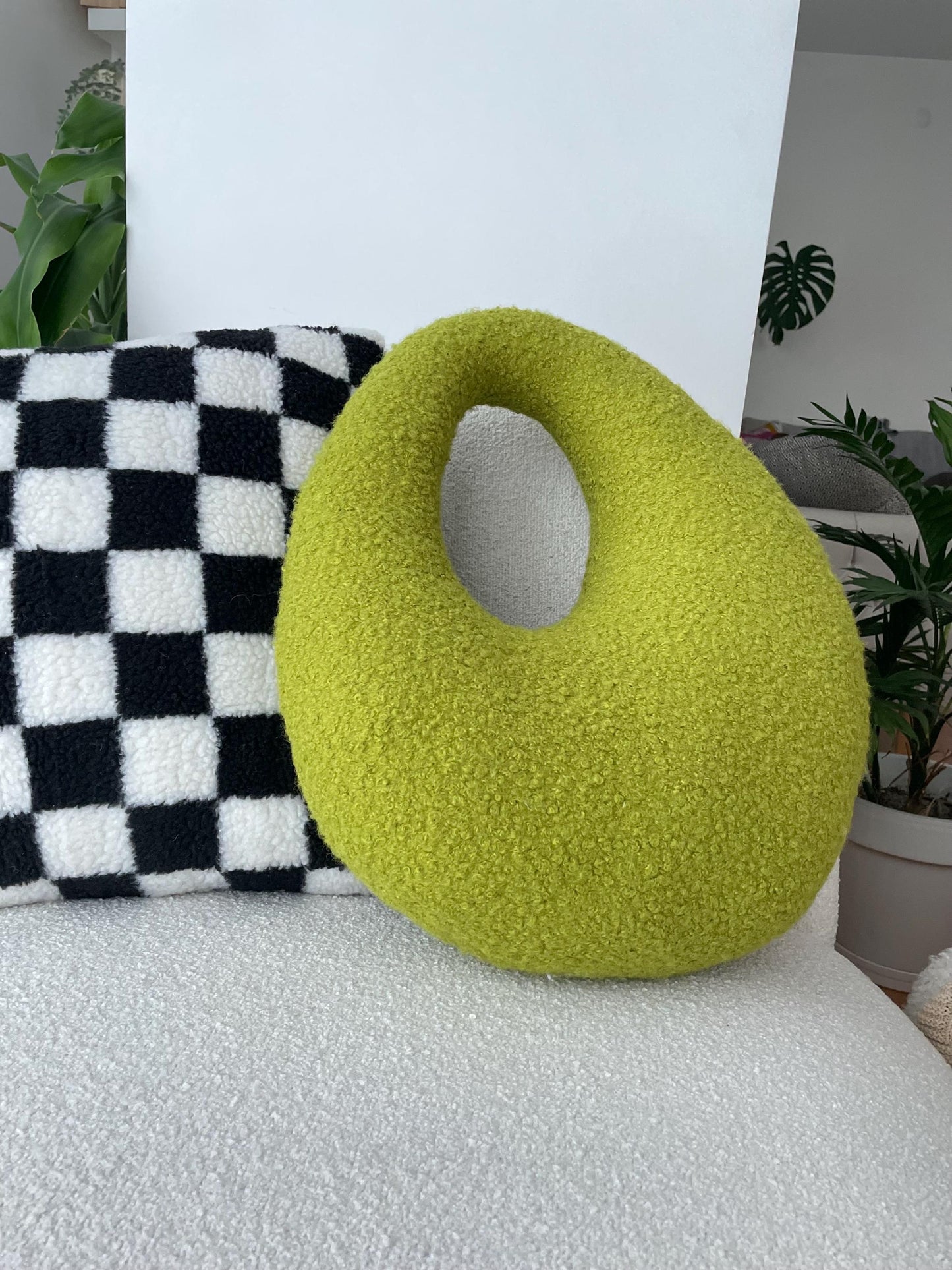 Amorphous Yellowish Green Boucle Cushion | Asymmetrical Design | Neutral Earthy Tones