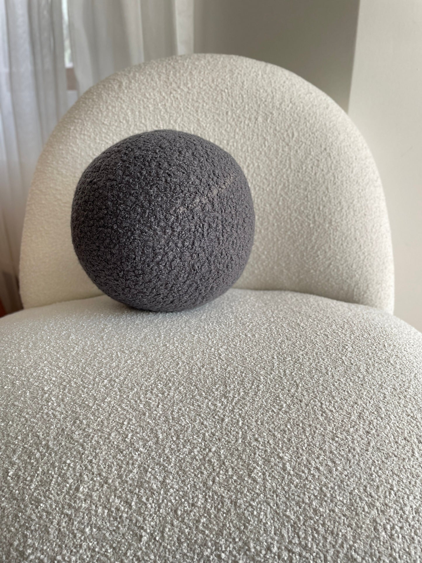 Handmade Boucle Ball Pillow: Dark Gray Teddy Cushion