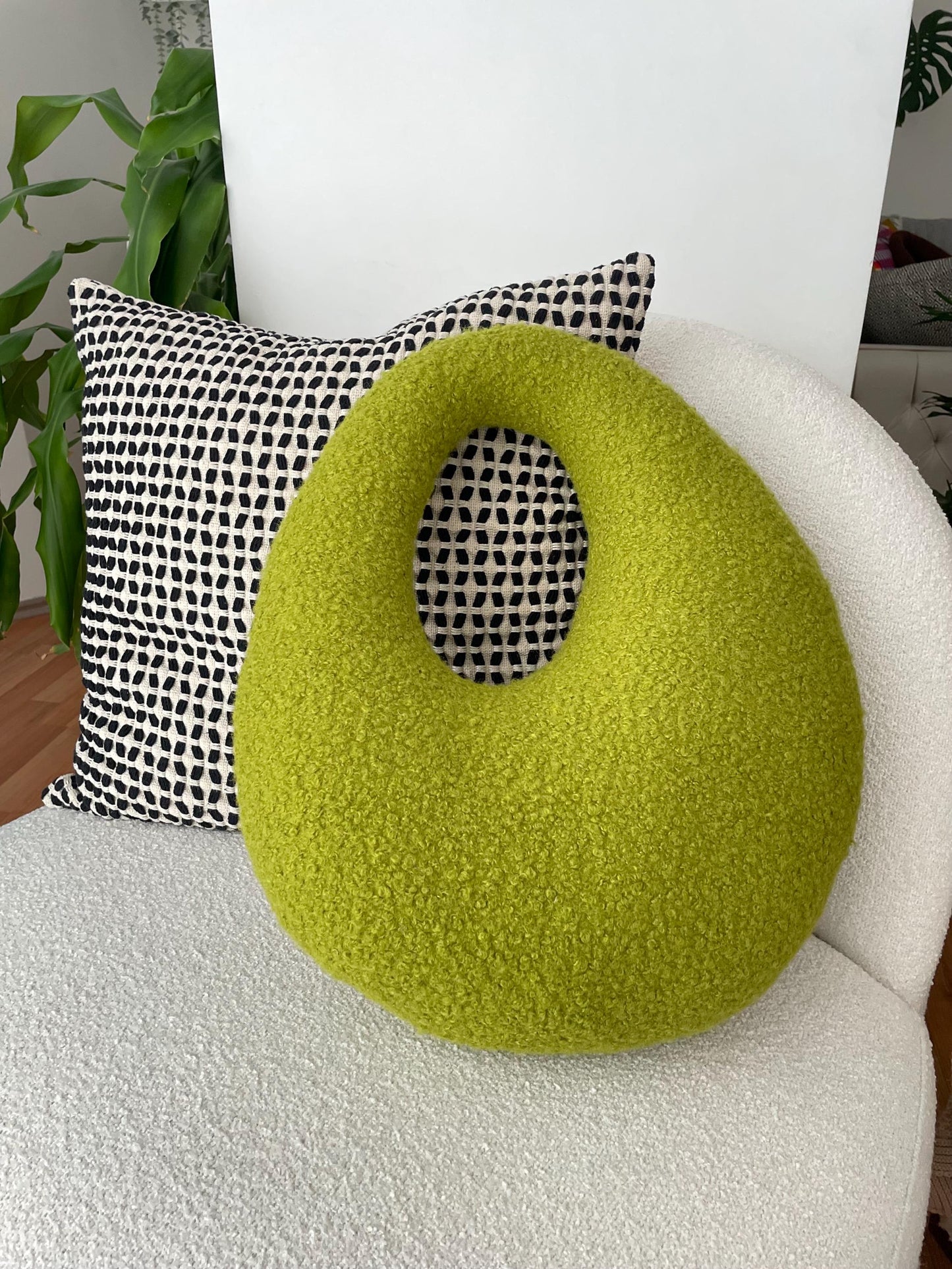 Amorphous Yellowish Green Boucle Cushion | Asymmetrical Design | Neutral Earthy Tones