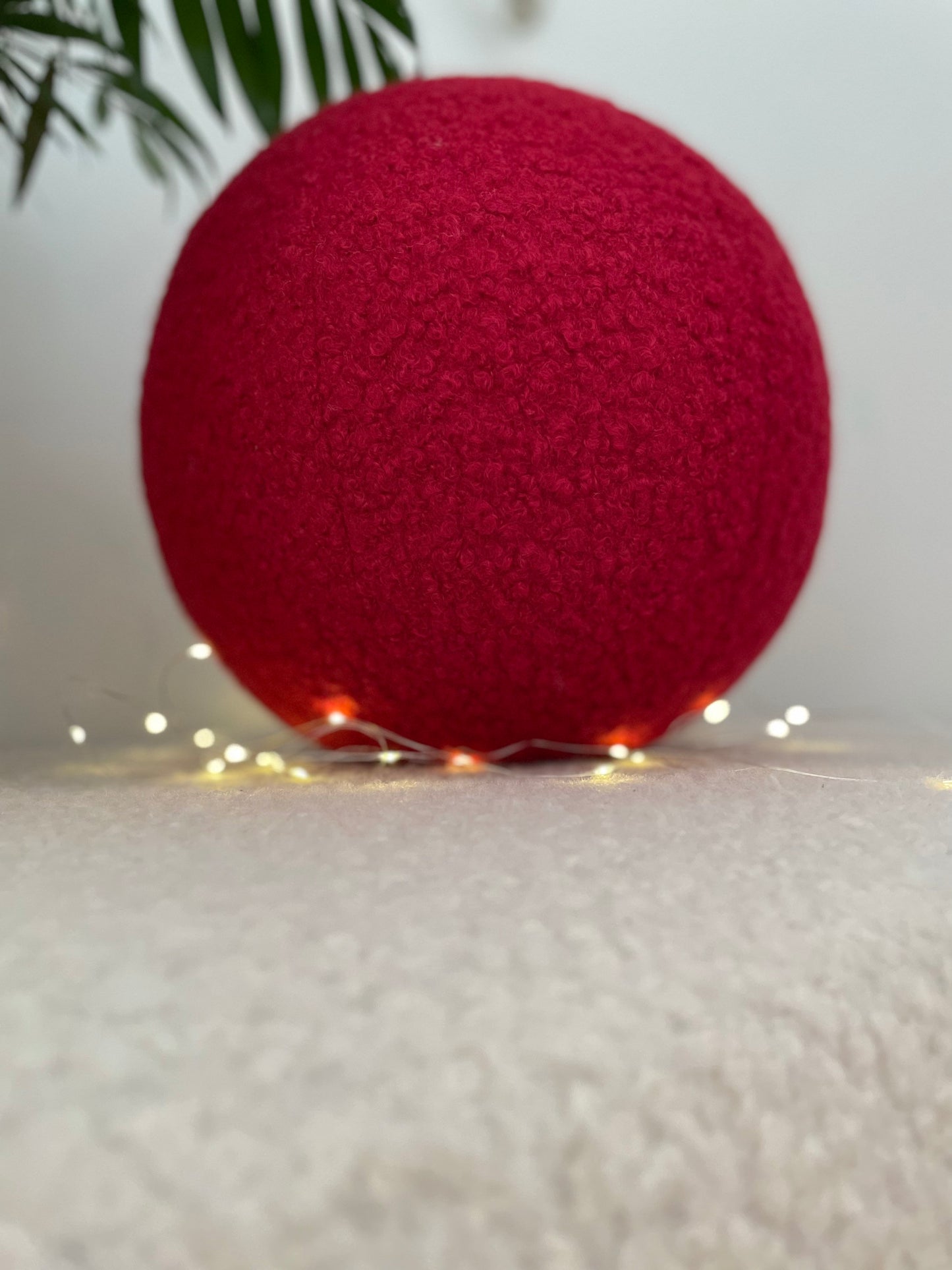Handmade Boucle Ball Pillow: Ruby Red Teddy Cushion