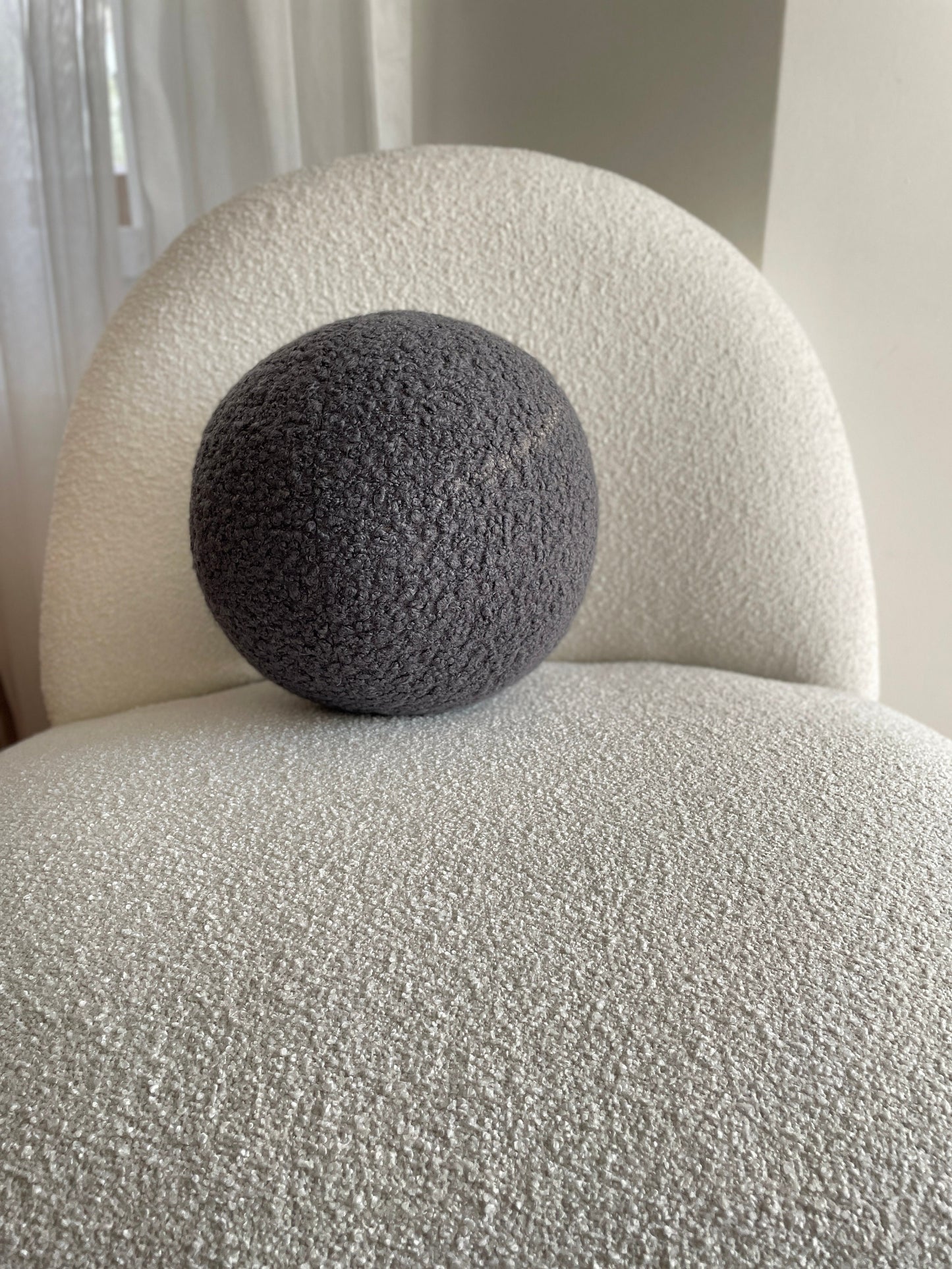 Handmade Boucle Ball Pillow: Dark Gray Teddy Cushion