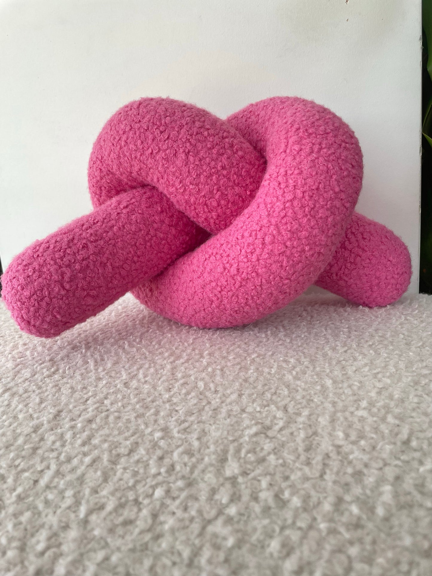 Pink Boucle Knot Pillow: Chunky Teddy Love Chain Cushion