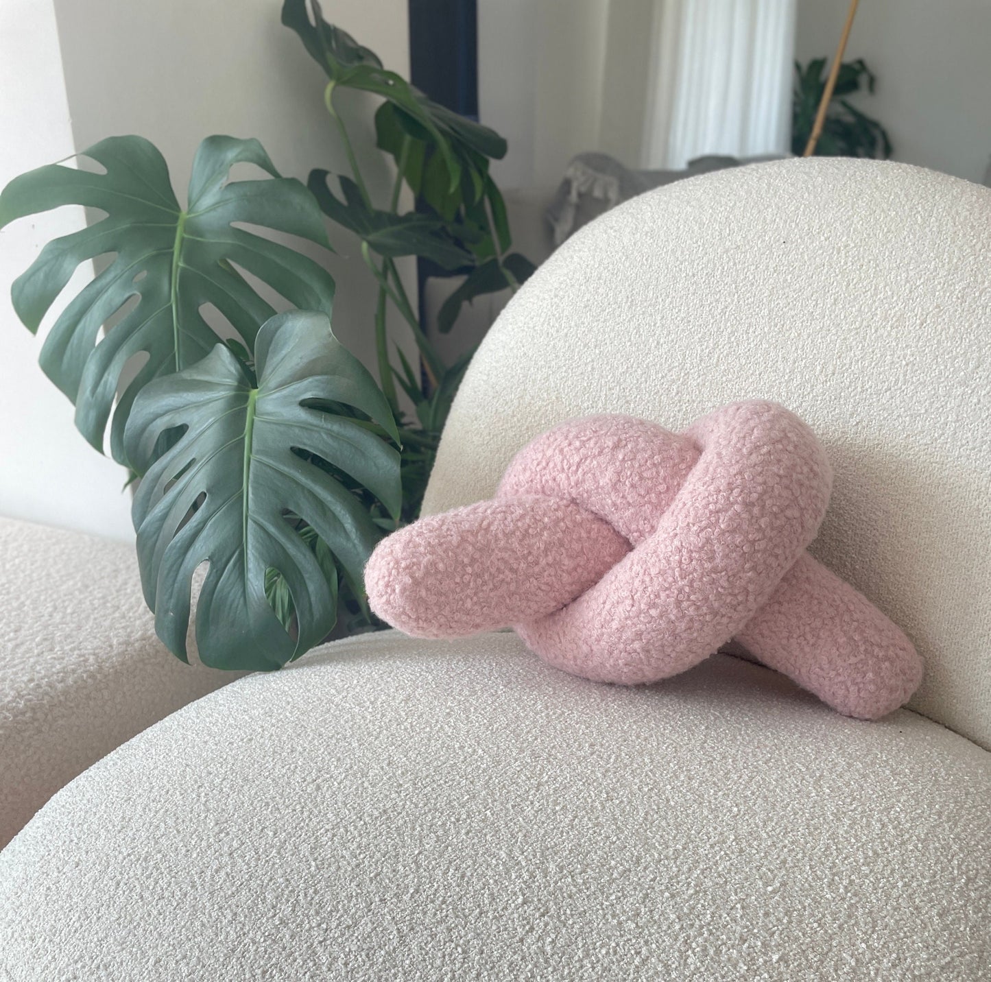 Powder Pink Boucle Knot Pillow: Handmade Decorative Cushion