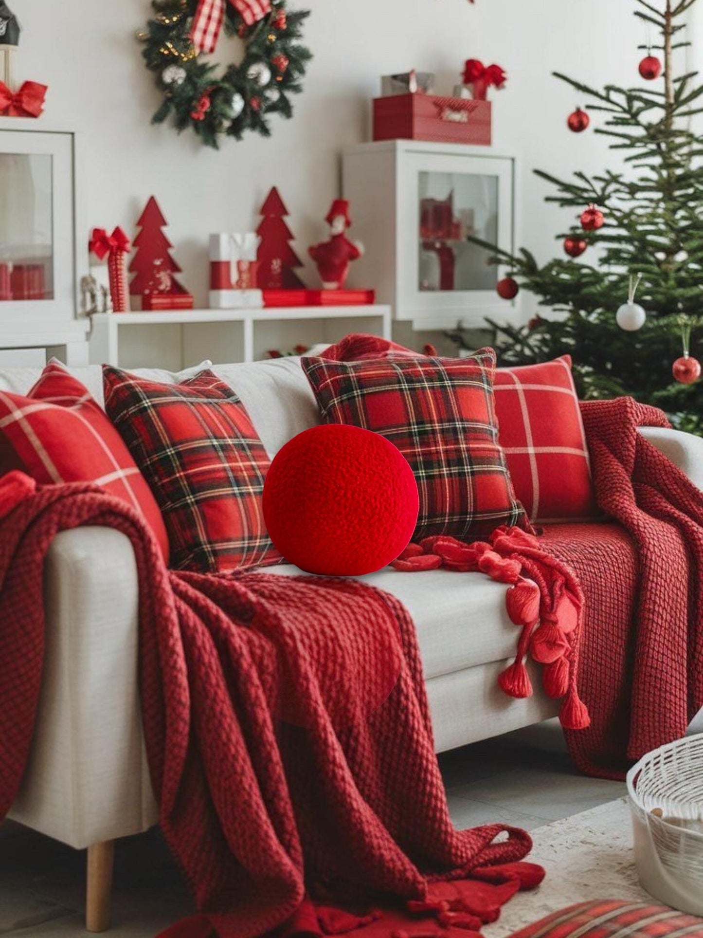 Red Boucle Sphere Cushion: Modern Minimalist Home Decor