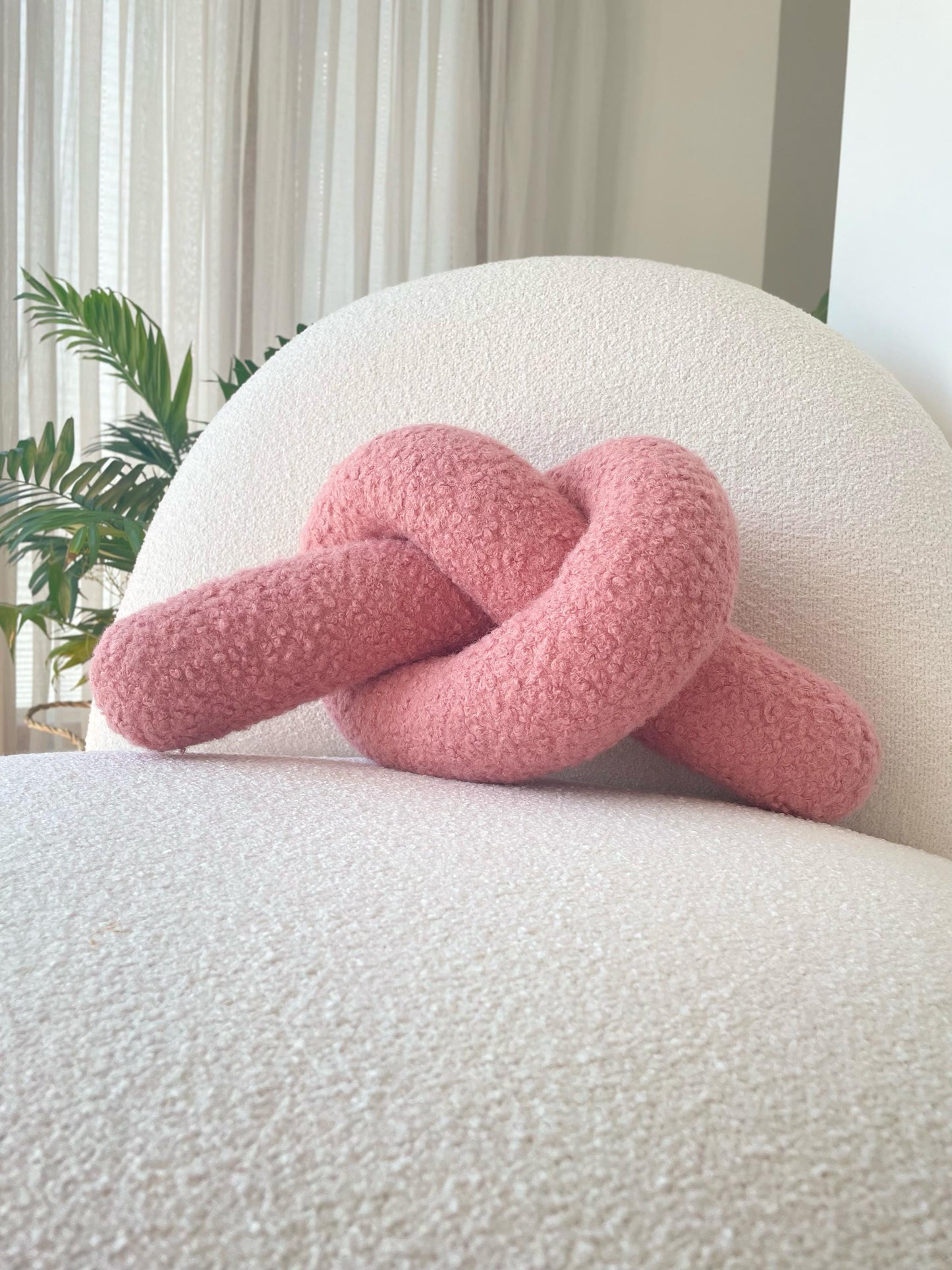 Ashy Pink Boucle Knot Pillow – Soft Sculptural Cushion for Modern & Cozy Home Decor