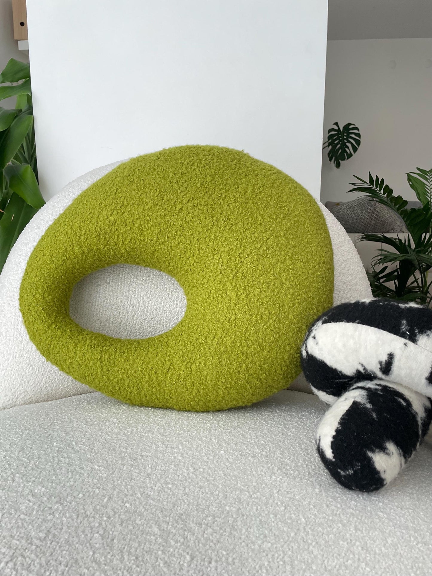 Amorphous Yellowish Green Boucle Cushion | Asymmetrical Design | Neutral Earthy Tones