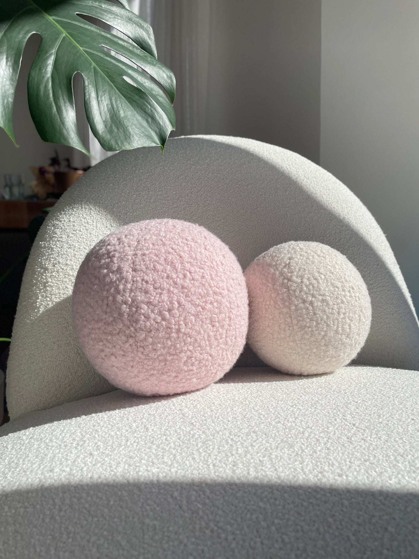 Handmade Boucle Ball Pillow: Powder Pink Teddy Cushion