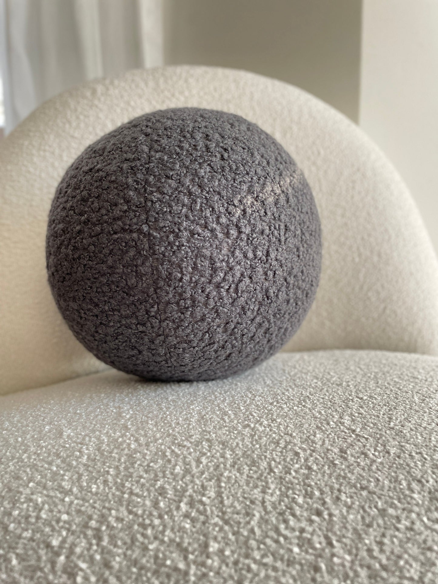 Handmade Boucle Ball Pillow: Dark Gray Teddy Cushion