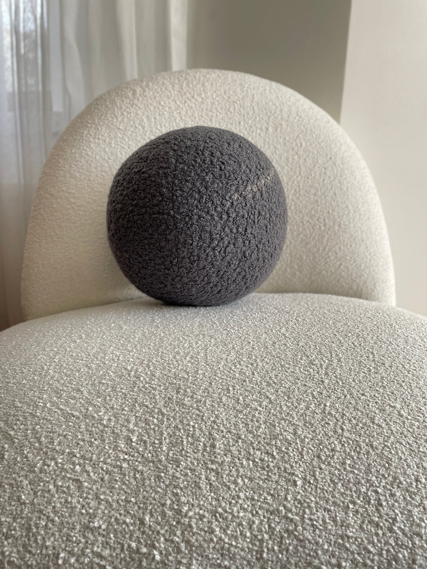 Handmade Boucle Ball Pillow: Dark Gray Teddy Cushion