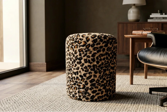 Leopard Boucle Cylinder Pouf Ottoman – Handmade Statement Piece