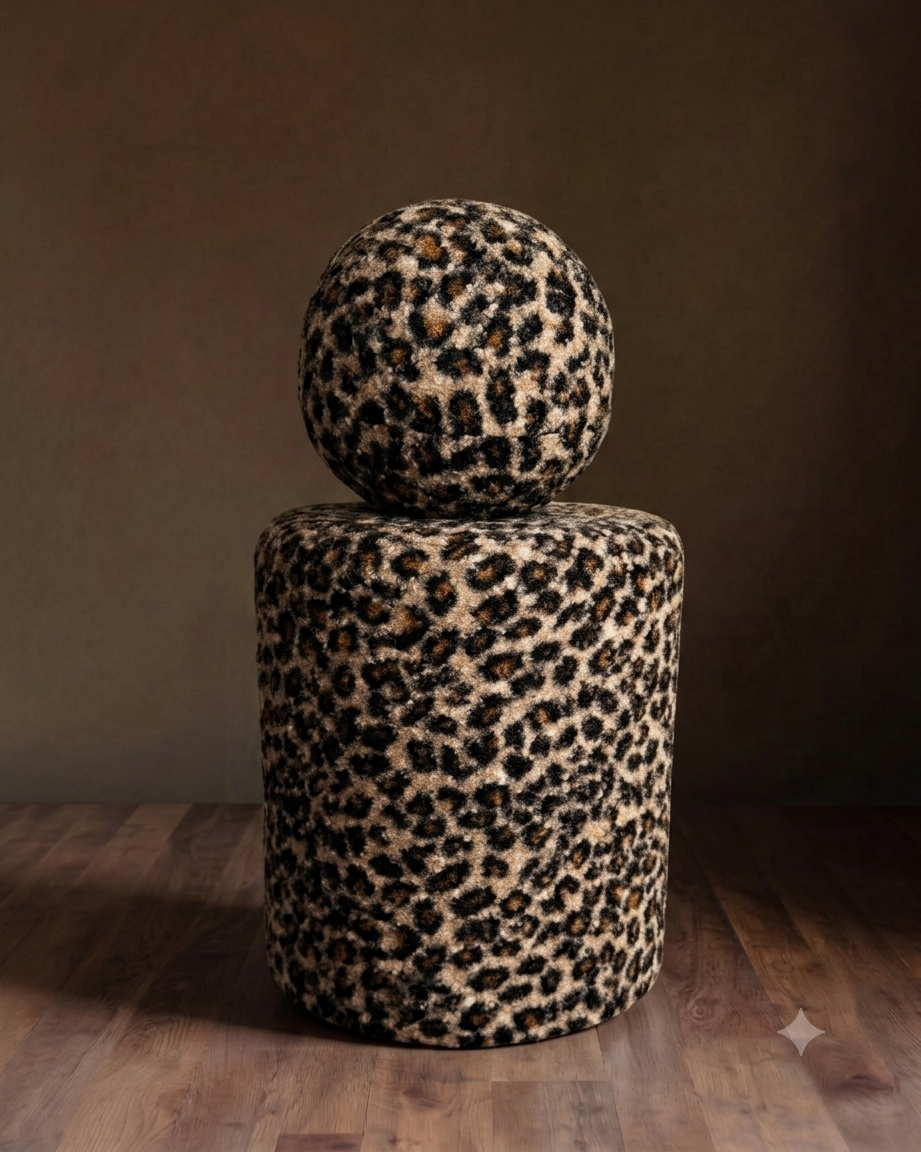 Leopard Bouclé Cylinder Pouf Ottoman