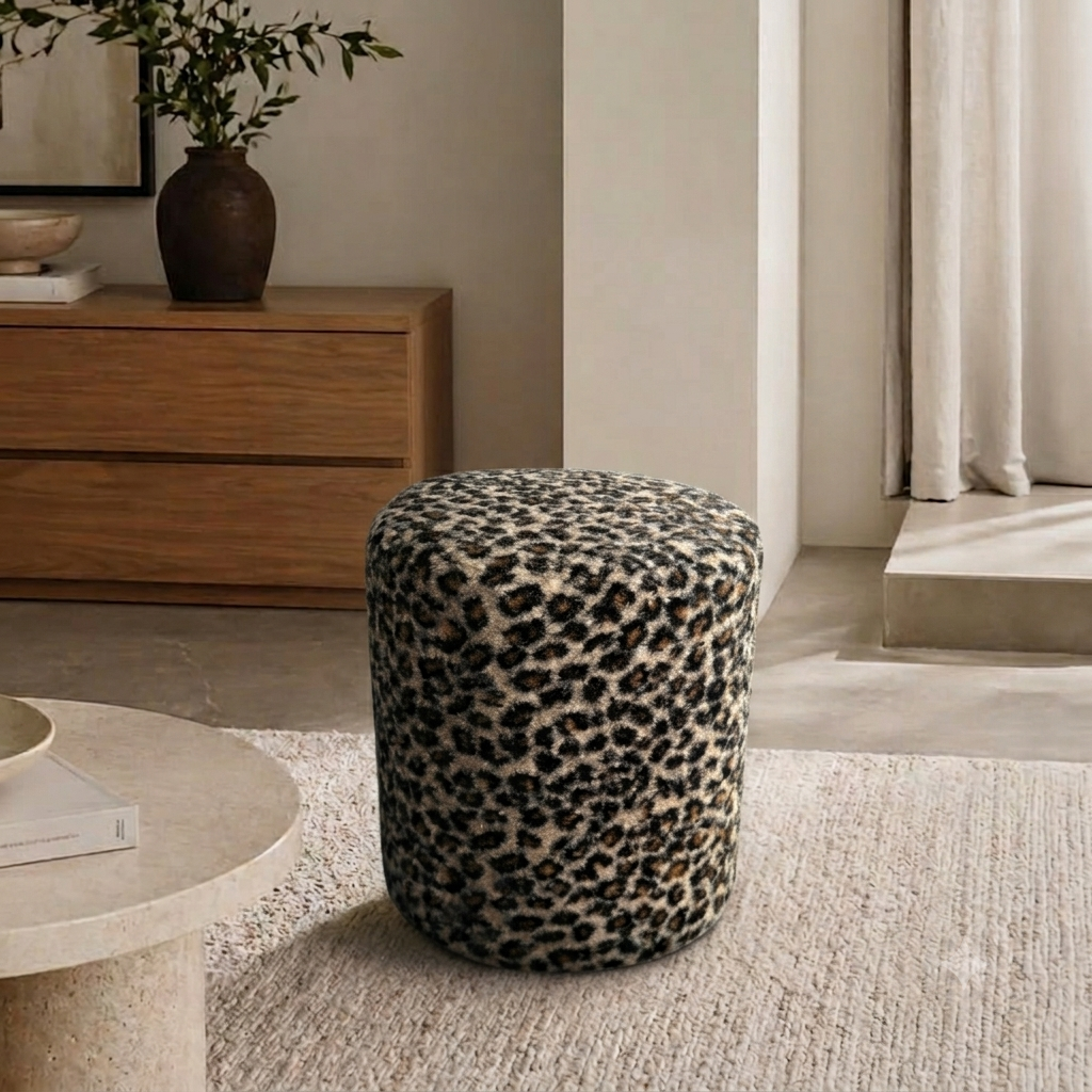 Leopard Bouclé Cylinder Pouf Ottoman