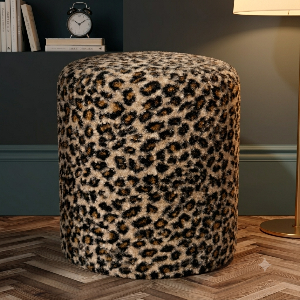 Leopard Bouclé Cylinder Pouf Ottoman