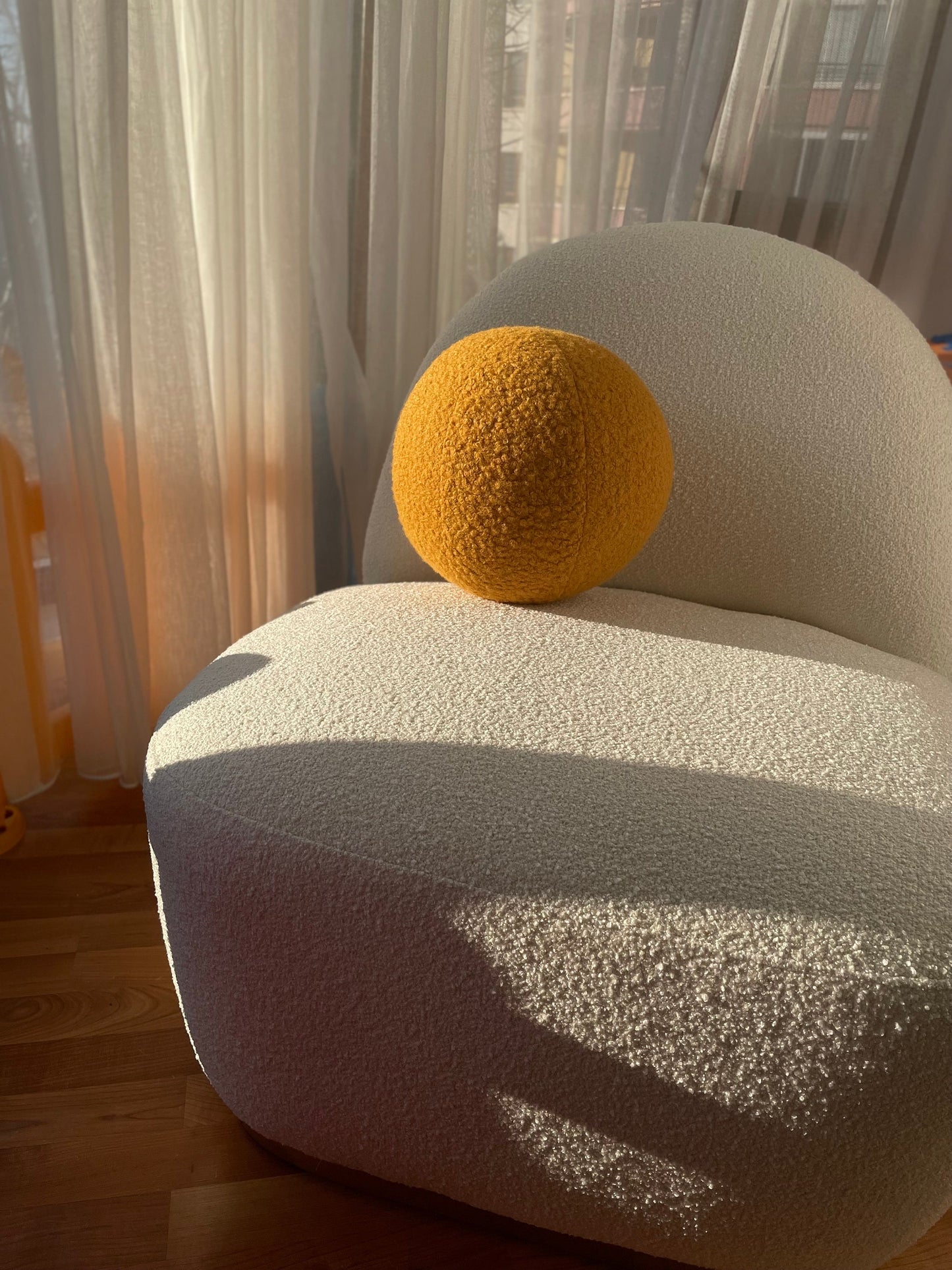 Handmade Boucle Ball Pillow: Mustard Teddy Round Cushion