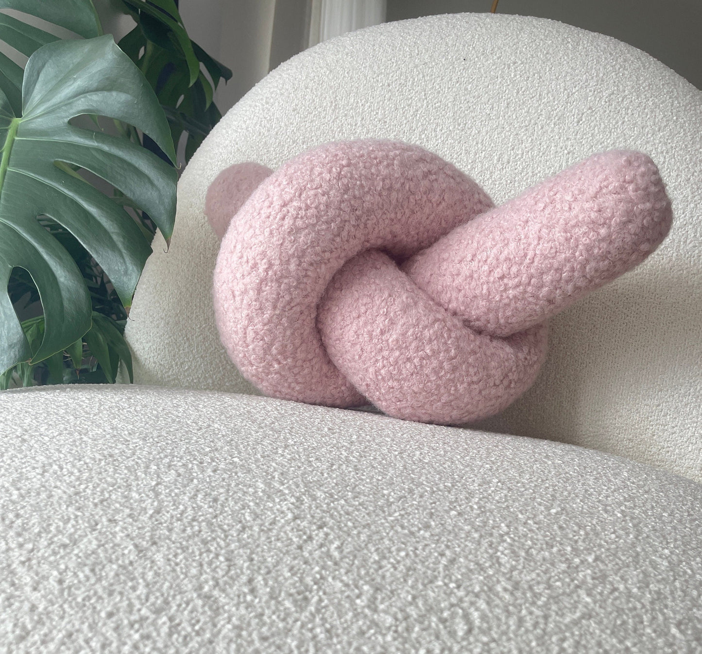 Powder Pink Boucle Knot Pillow: Handmade Decorative Cushion